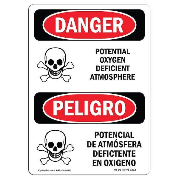 Safety Sign, OSHA Danger, 5" Height, Potential Oxygen Deficient Atmosphere, Spanish, 10PK